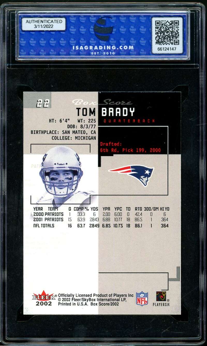 Tom Brady Card 2002 Fleer Box Score #22 ISA 10 GEM MINT Image 2