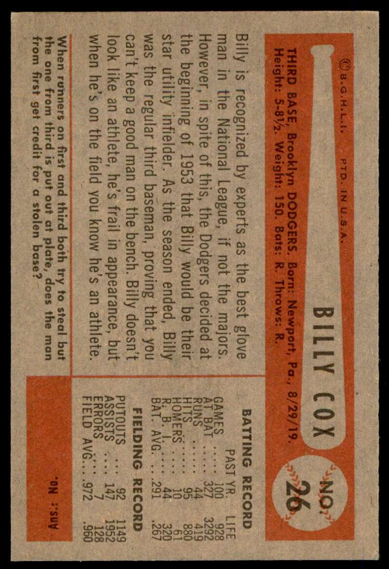 Billy Cox Card 1954 Bowman #26 Image 2