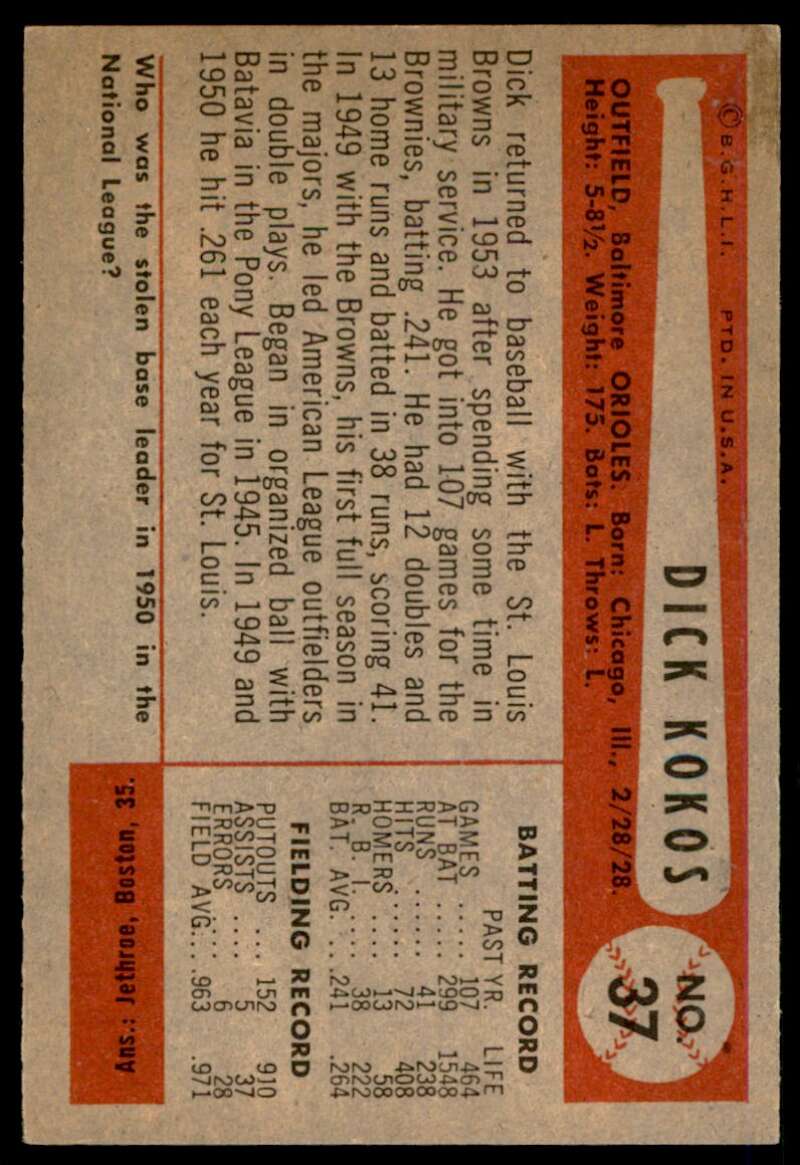 Dick Kokos Card 1954 Bowman #37 Image 2