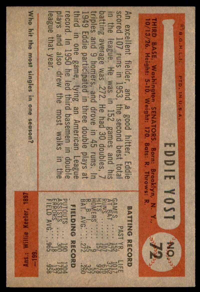 Eddie Yost Card 1954 Bowman #72 Image 2