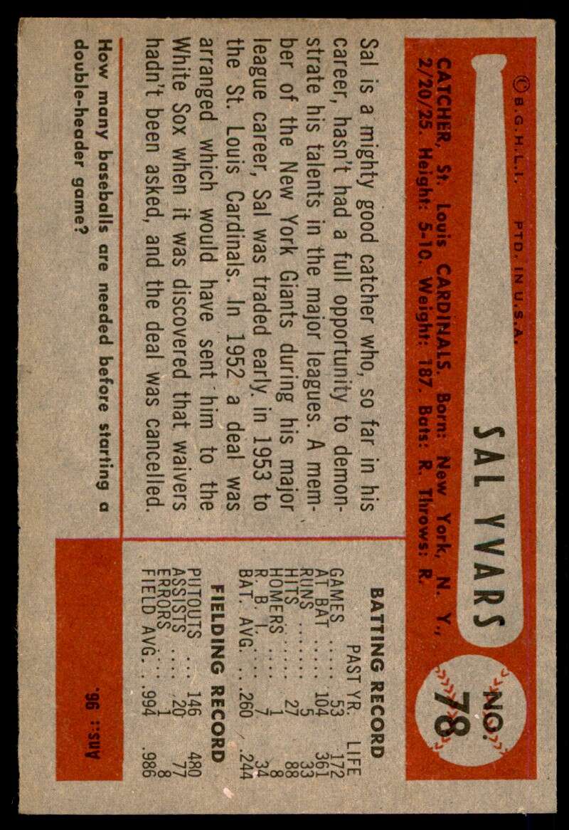 Sal Yvars Card 1954 Bowman #78 Image 2