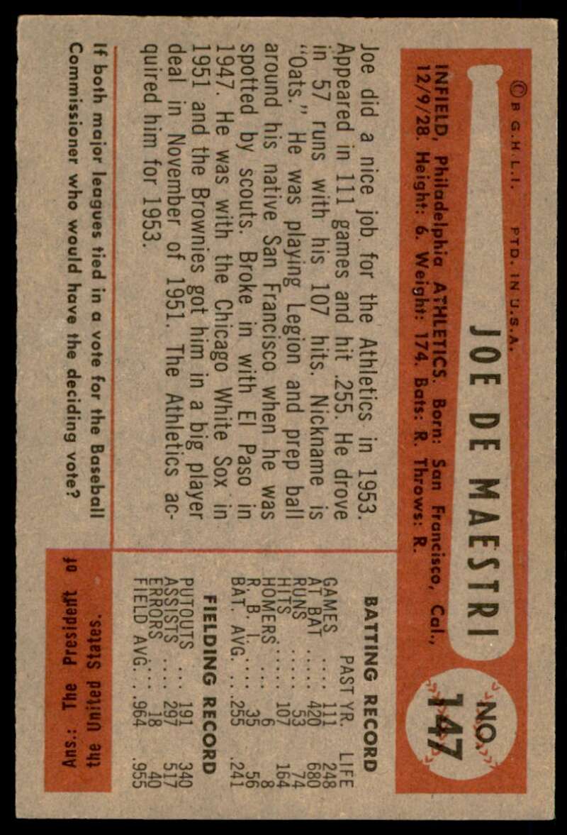 Joe DeMaestri Card 1954 Bowman #147 Image 2