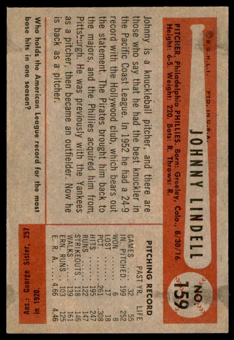 Johnny Lindell Card 1954 Bowman #159 Image 2