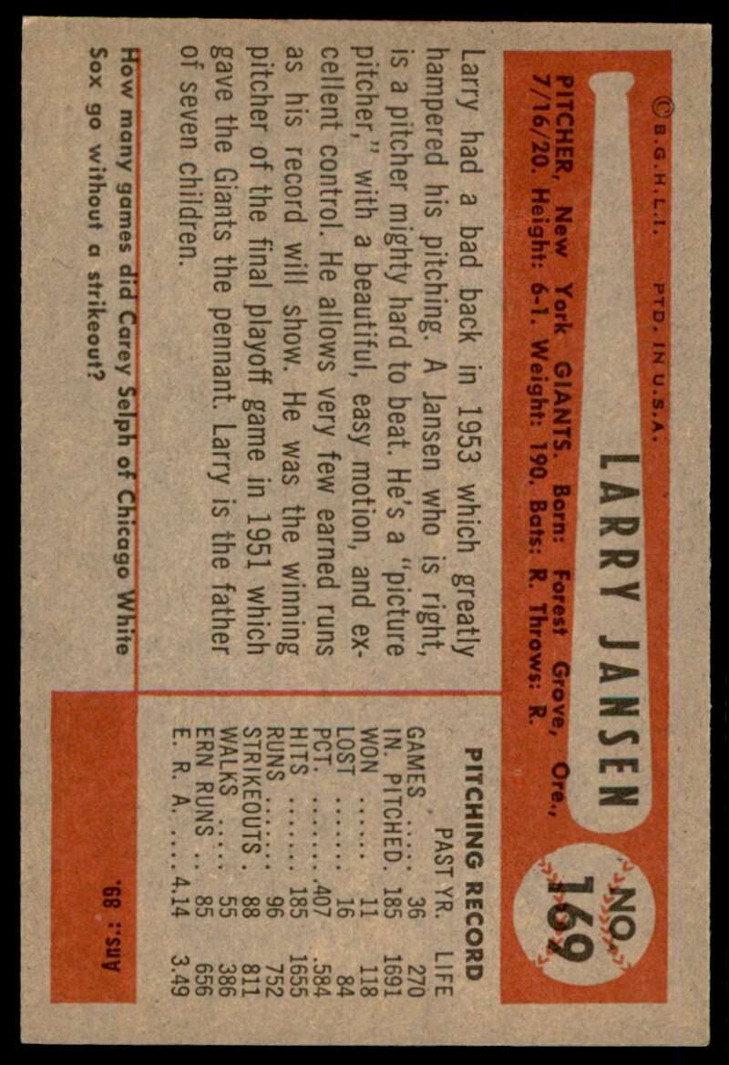 Larry Jansen Card 1954 Bowman #169 Image 2