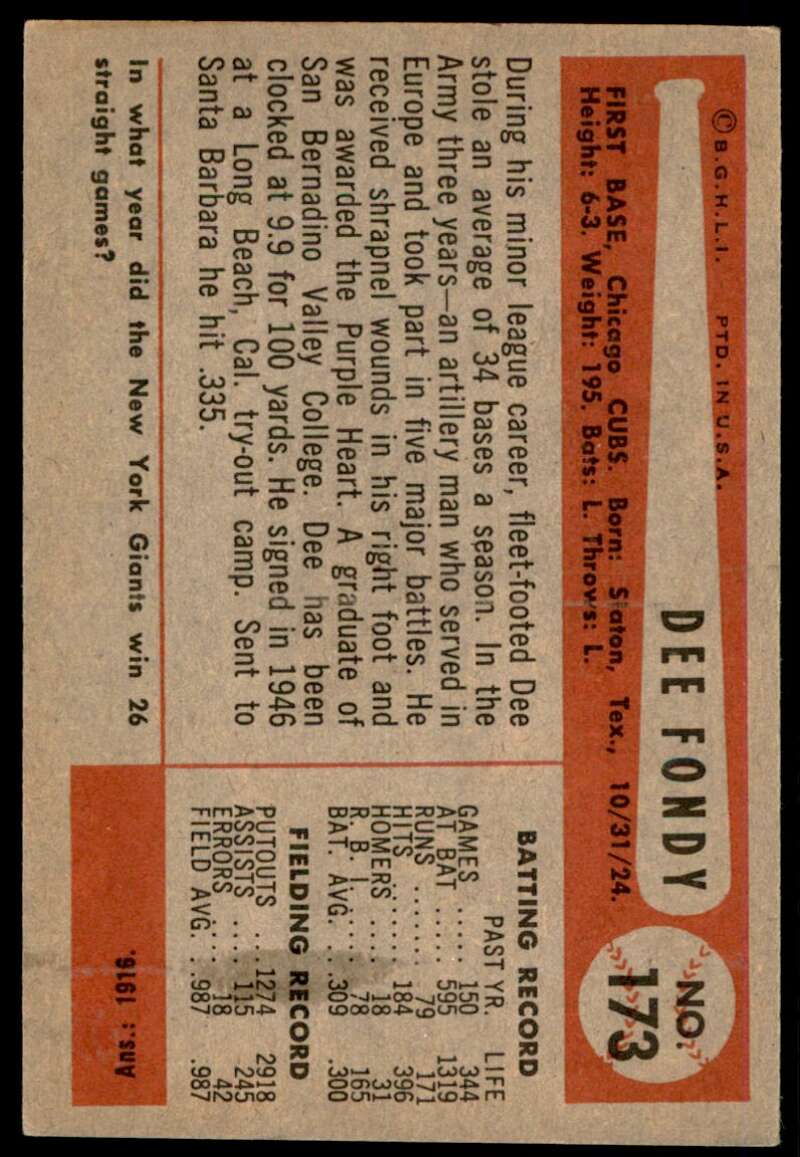 Dee Fondy Card 1954 Bowman #173 Image 2