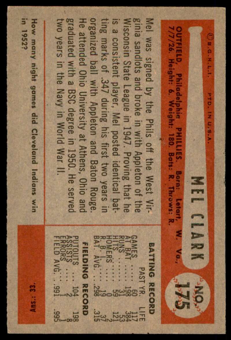 Mel Clark Card 1954 Bowman #175 Image 2