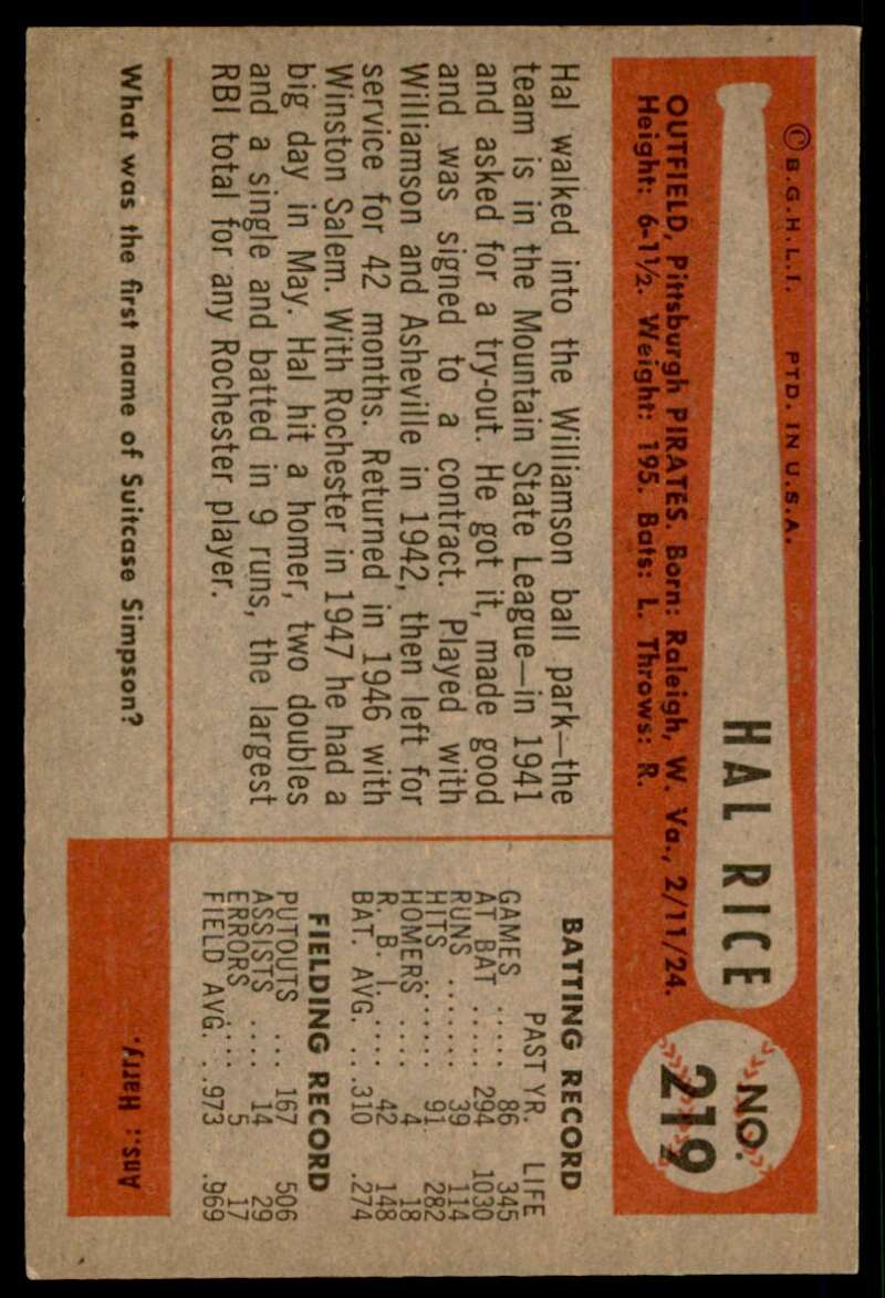 Hal Rice Card 1954 Bowman #219 Image 2