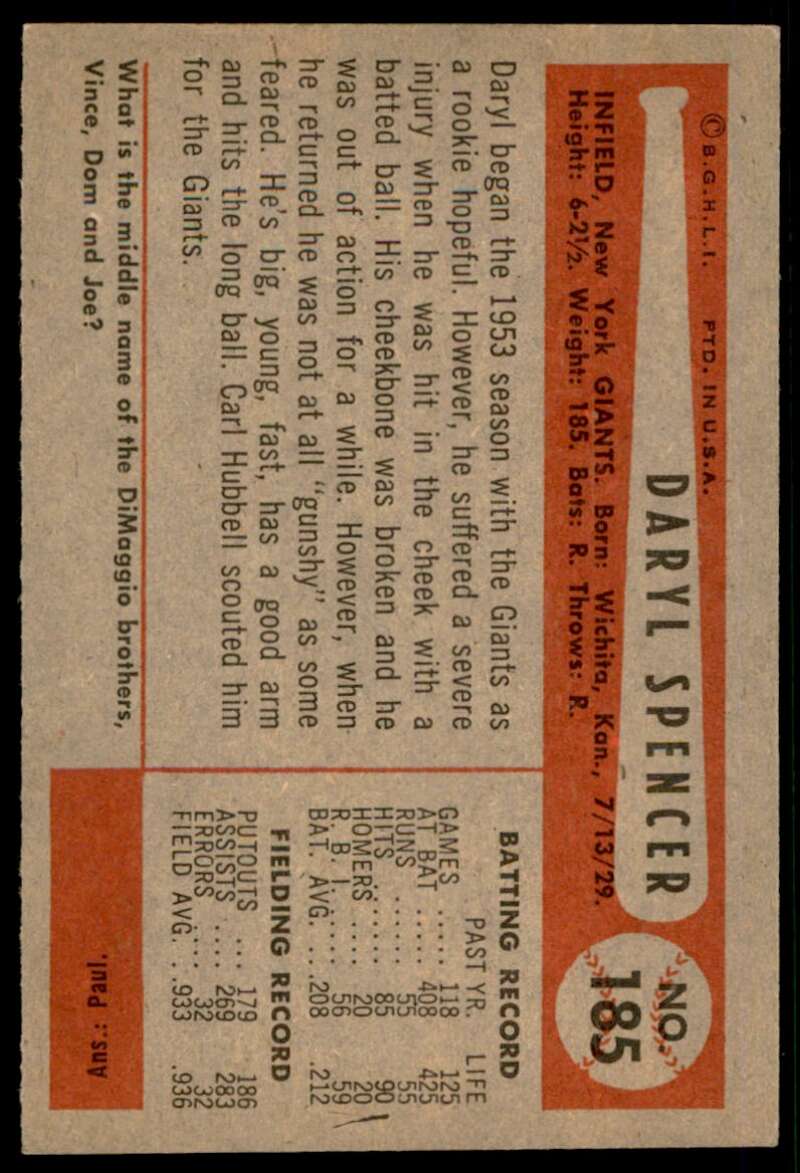 Daryl Spencer Card 1954 Bowman #185 Image 2