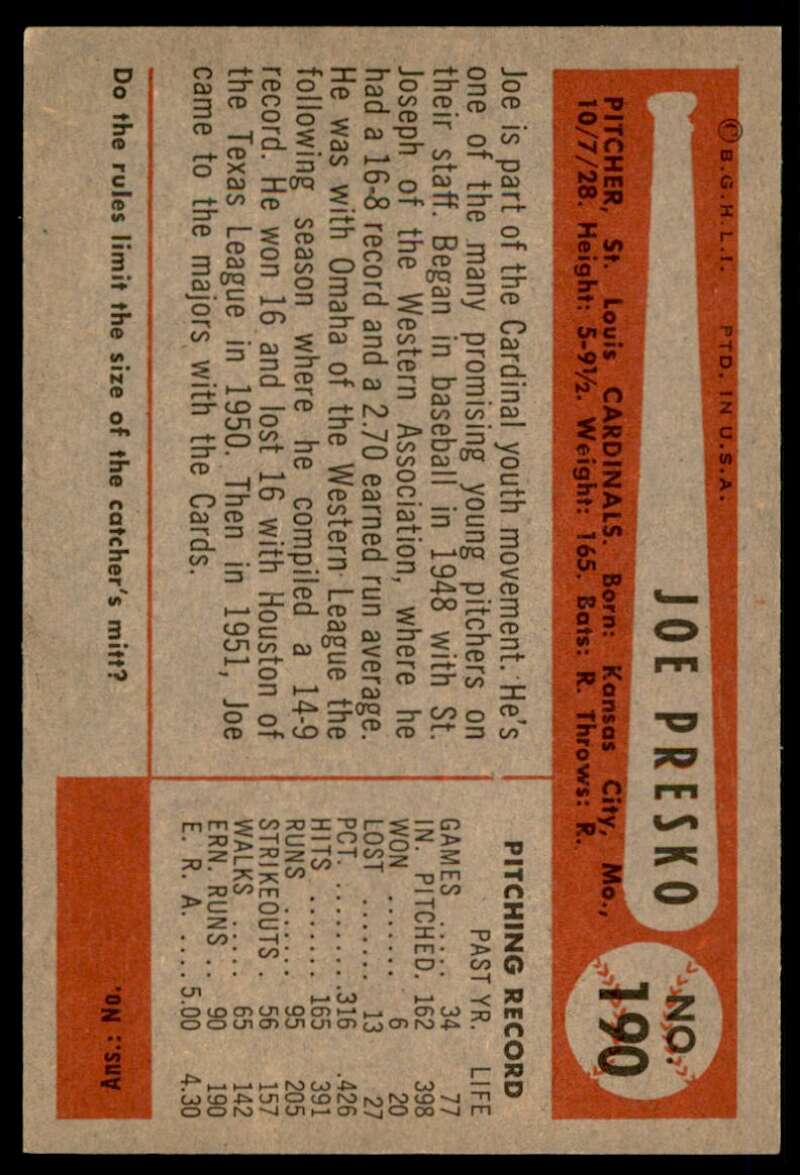 Joe Presko Card 1954 Bowman #190 Image 2