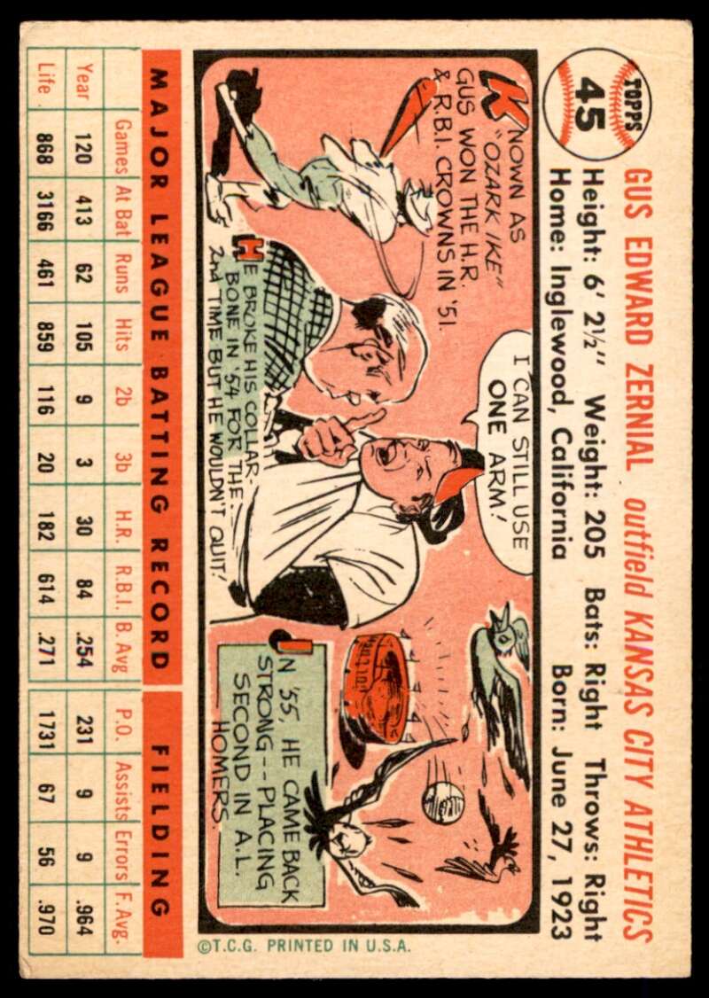 Gus Zernial Card 1956 Topps #45 Image 2