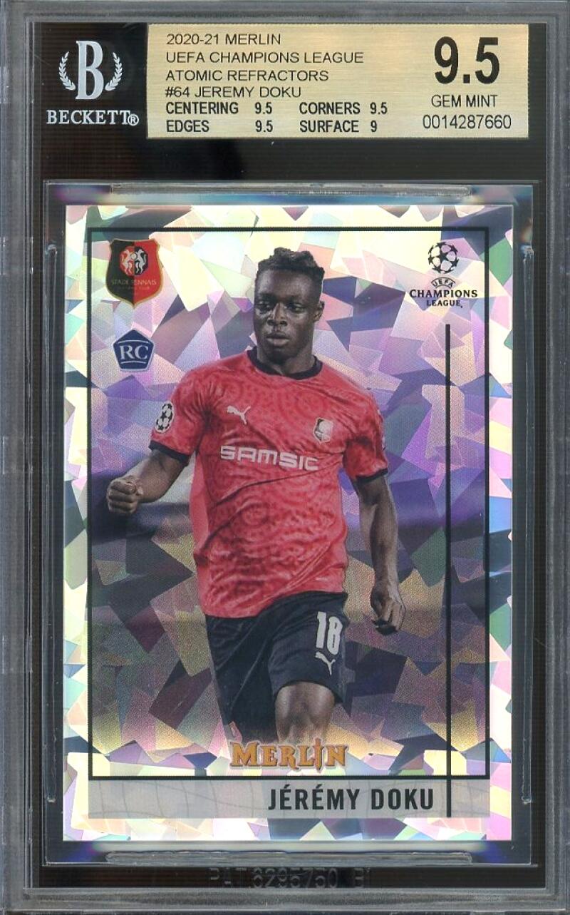 2020-21 Merlin UEFA Champions League Atomic Refractor RC #64 Jeremy Doku BGS 9.5 Image 1