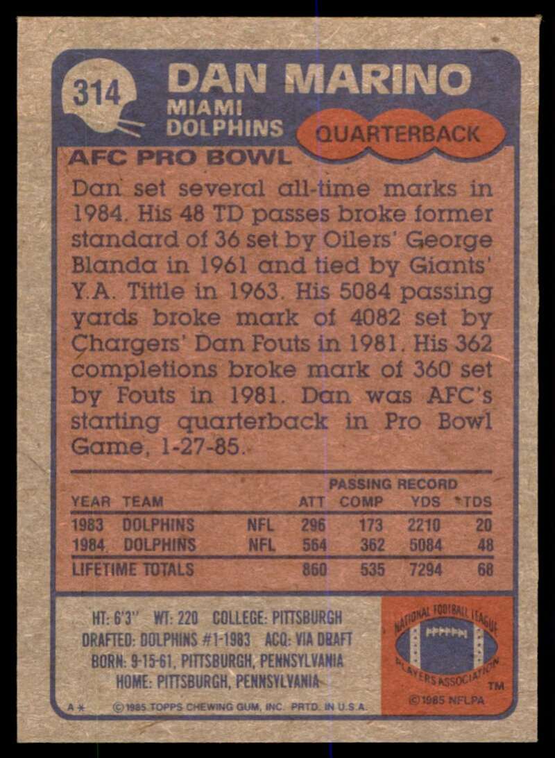 Dan Marino Card 1985 Topps #314 Image 2