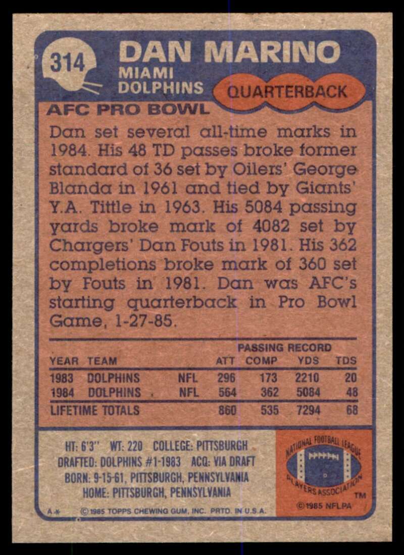 Dan Marino Card 1985 Topps #314 Image 2