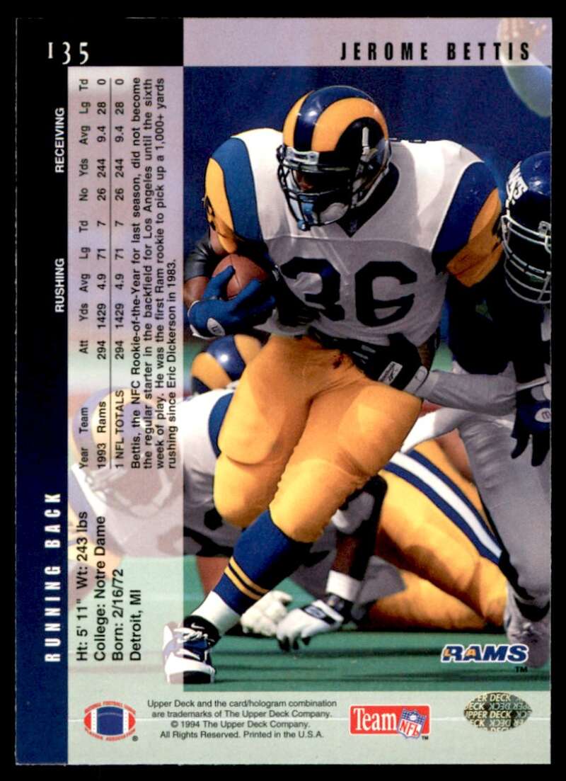 Jerome Bettis Card 1994 Upper Deck Electric Silver #135 Image 2