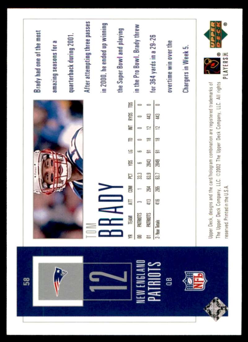 Tom Brady Card 2002 UD Piece of History #58 Image 2