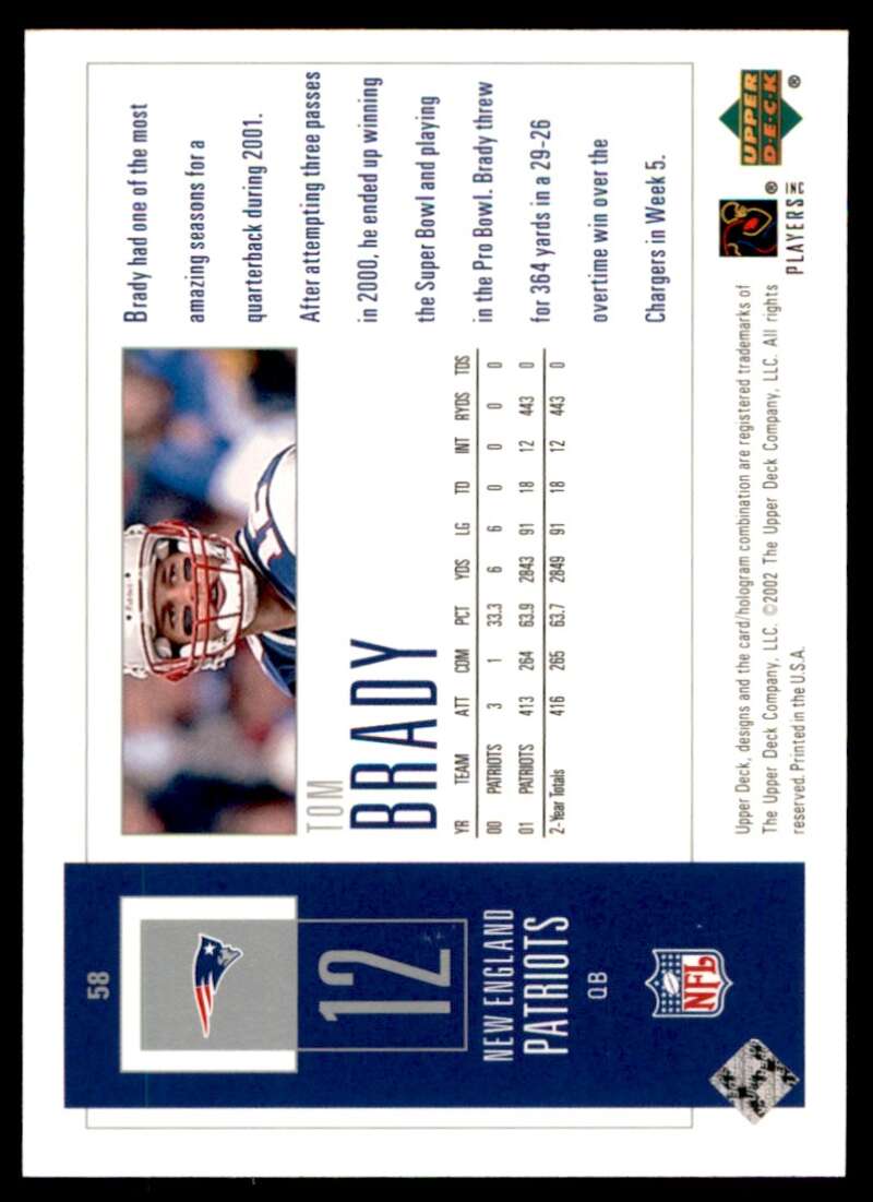 Tom Brady Card 2002 UD Piece of History #58 Image 2