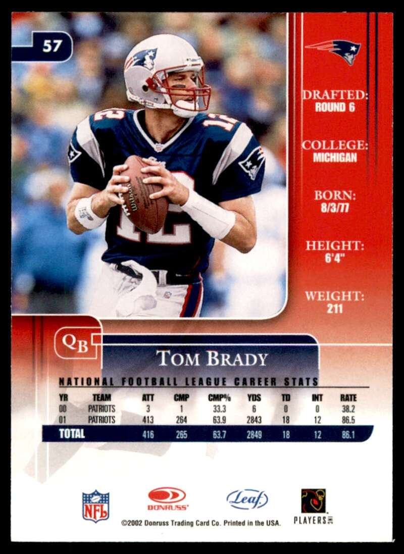 Tom Brady Card 2002 Leaf Rookies &amp; Stars #57 Image 2