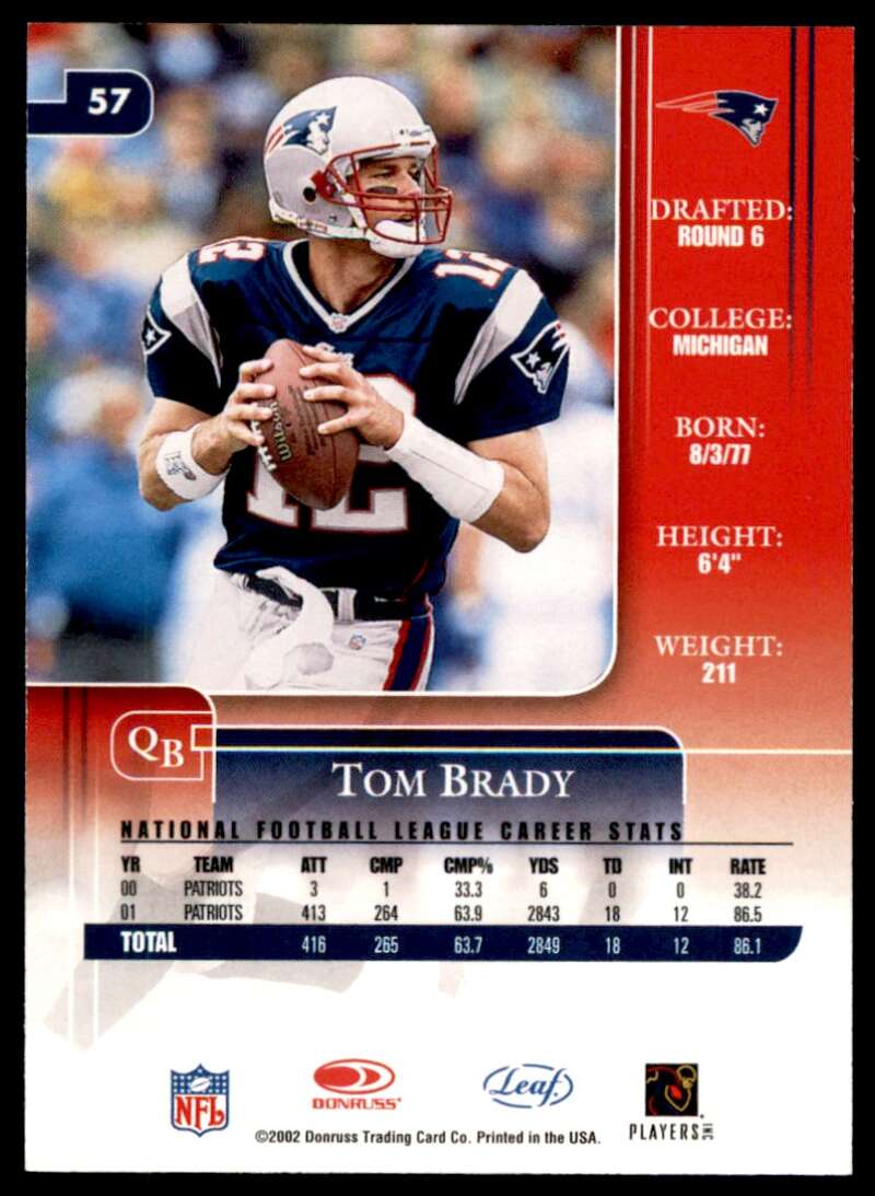 Tom Brady Card 2002 Leaf Rookies &amp; Stars #57 Image 2