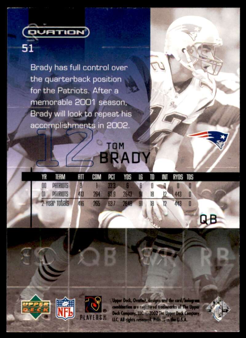 Tom Brady Card 2002 Upper Deck Ovation #51 Image 2