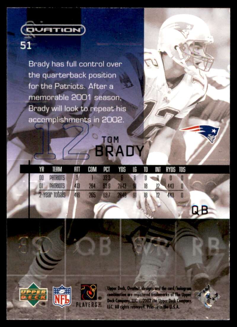 Tom Brady Card 2002 Upper Deck Ovation #51 Image 2