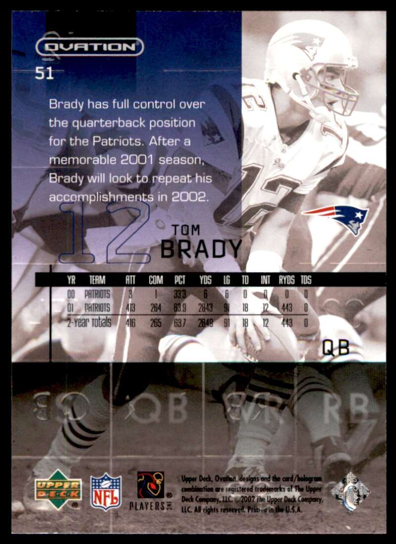 Tom Brady Card 2002 Upper Deck Ovation #51 Image 2