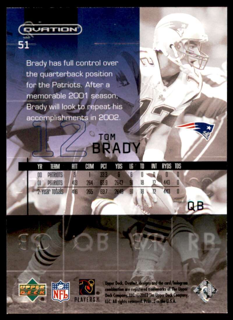 Tom Brady Card 2002 Upper Deck Ovation #51 Image 2