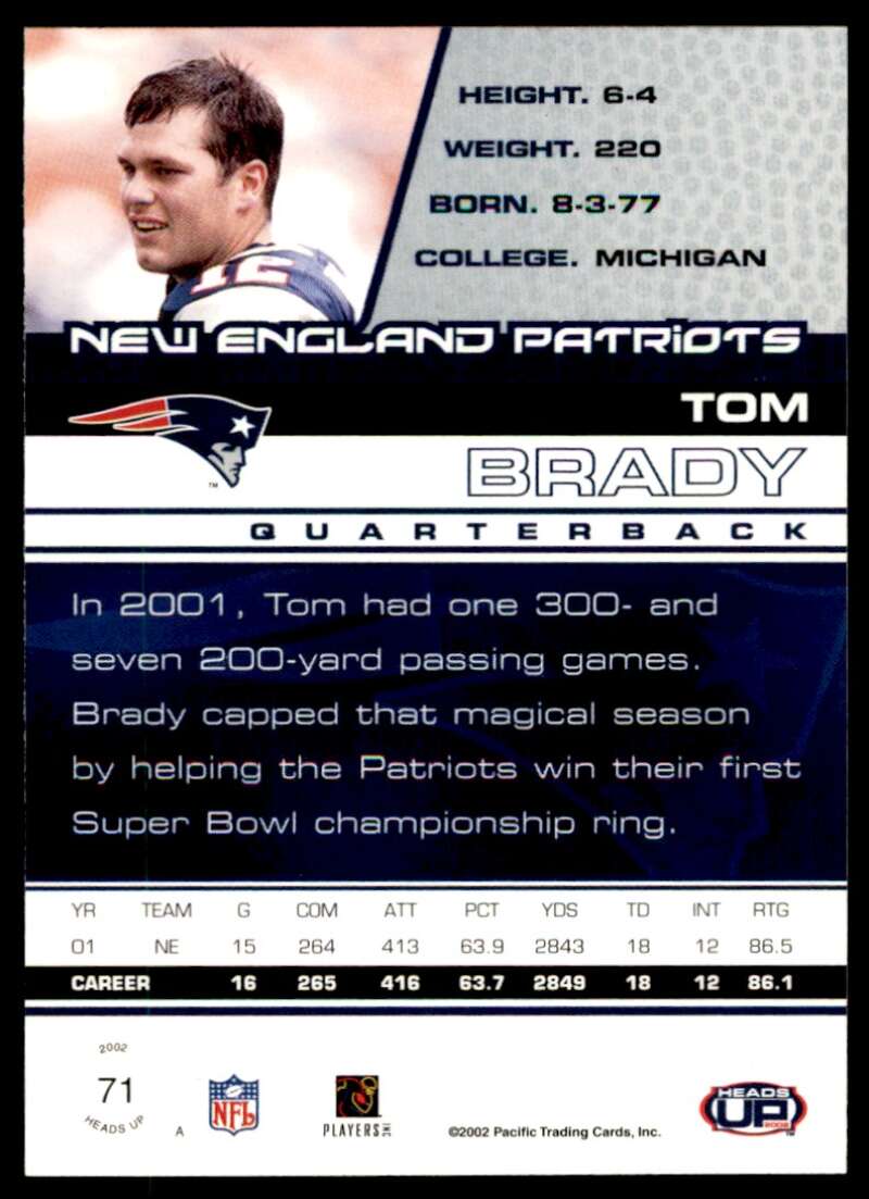 Tom Brady Card 2002 Pacific Heads Up #71 Image 2