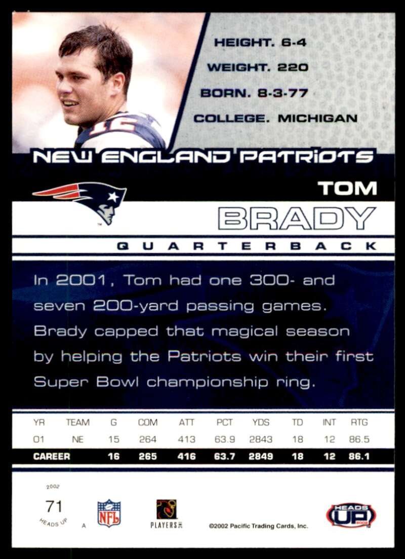 Tom Brady Card 2002 Pacific Heads Up #71 Image 2