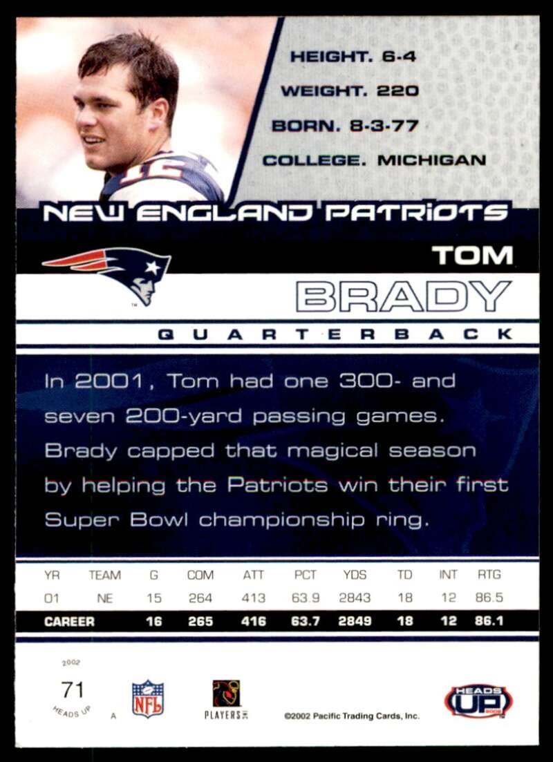 Tom Brady Card 2002 Pacific Heads Up #71 Image 2