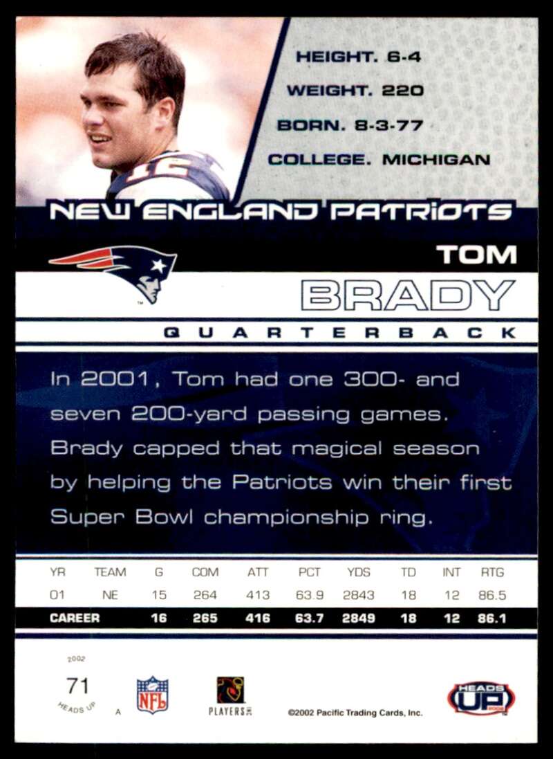 Tom Brady Card 2002 Pacific Heads Up #71 Image 2