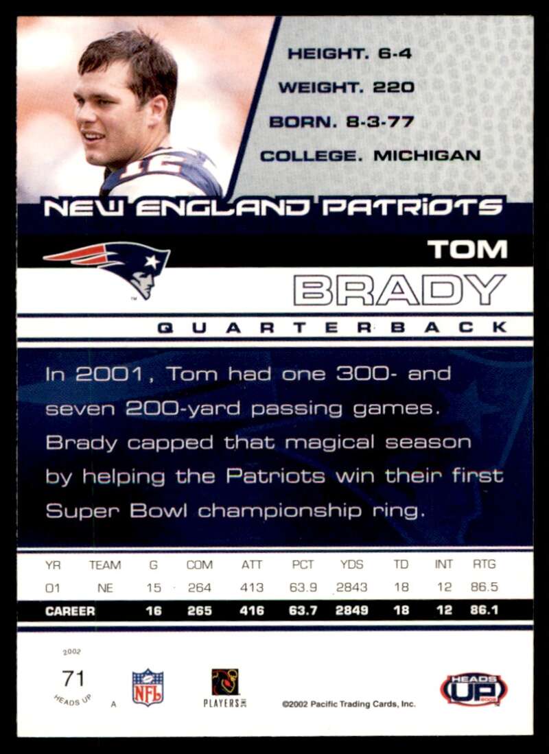 Tom Brady Card 2002 Pacific Heads Up #71 Image 2