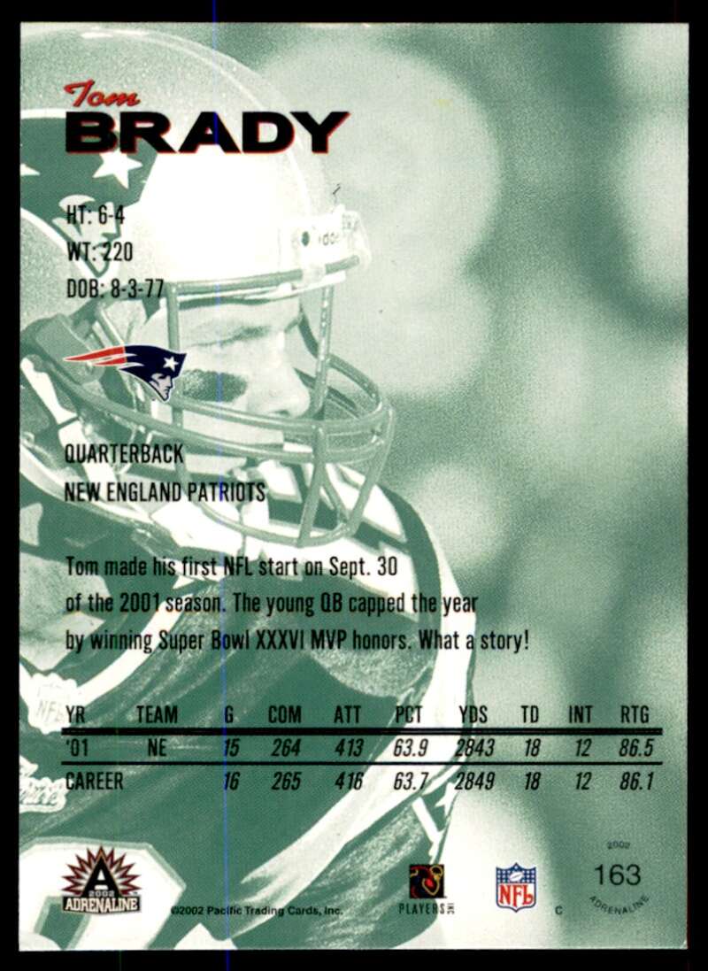 Tom Brady Card 2002 Pacific Adrenaline #163 Image 2