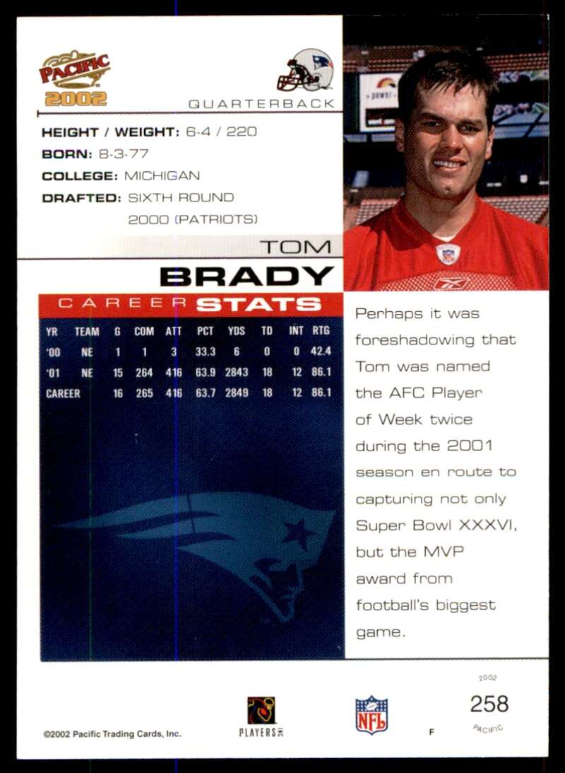 Tom Brady Card 2002 Pacific #258 Image 2