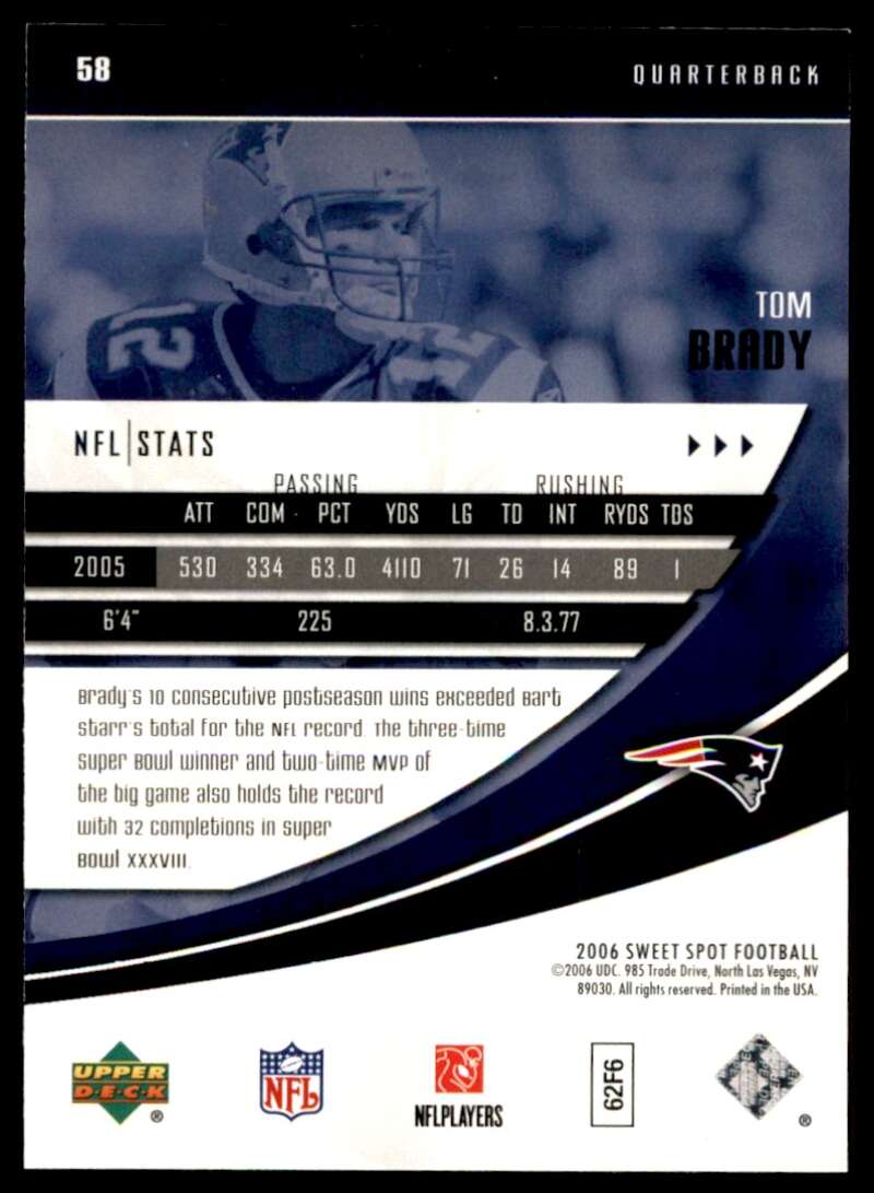 Tom Brady Card 2006 Upper Deck Sweet Spot #58 Image 2