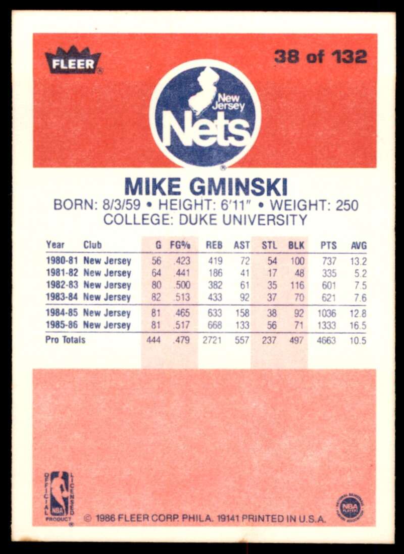 Mike Gminski Card 1986-87 Fleer #38 Image 2