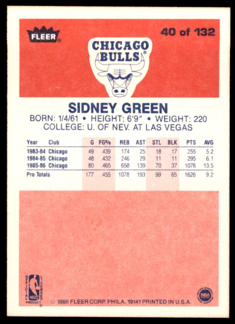 Sidney Green Card 1986-87 Fleer #40 Image 2