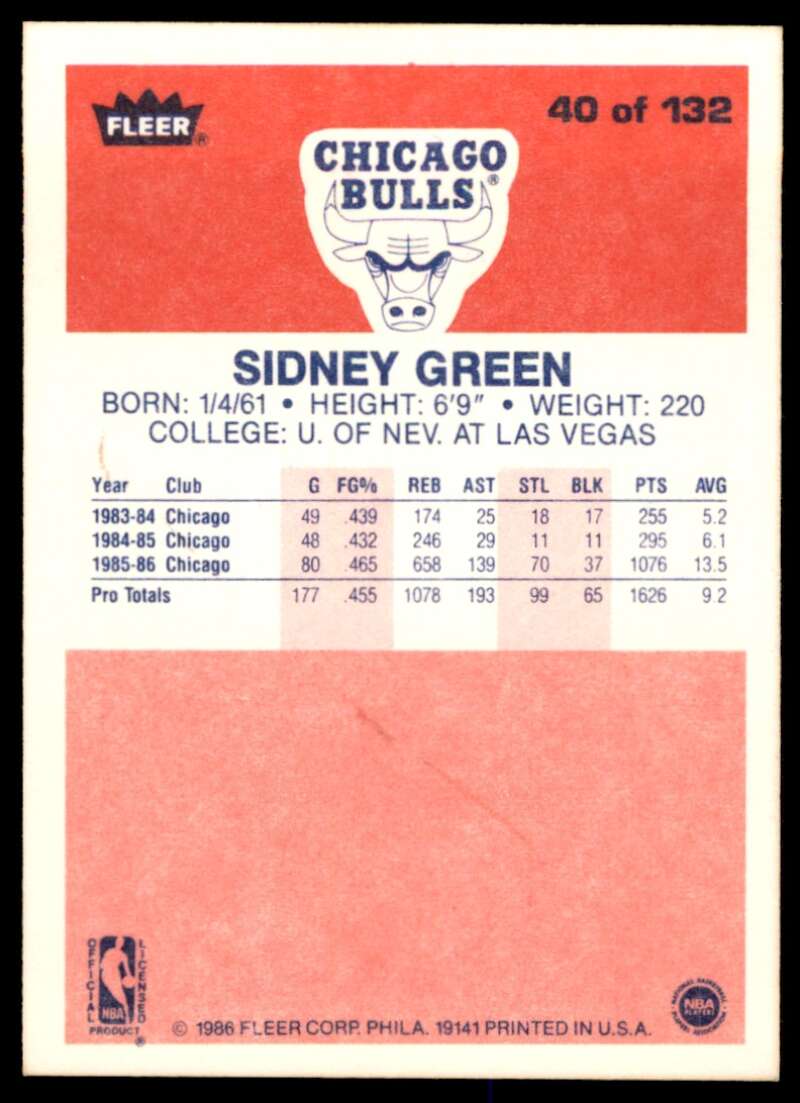 Sidney Green Card 1986-87 Fleer #40 Image 2