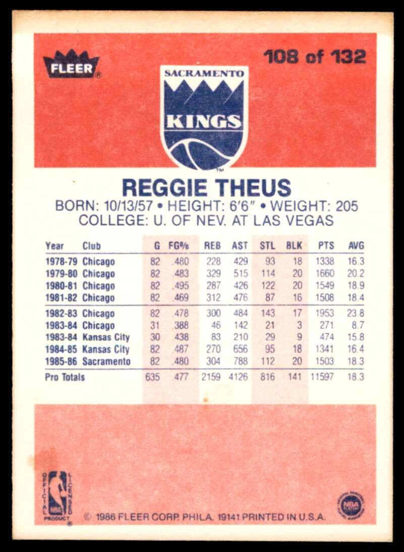 Reggie Theus Card 1986-87 Fleer #108 Image 2