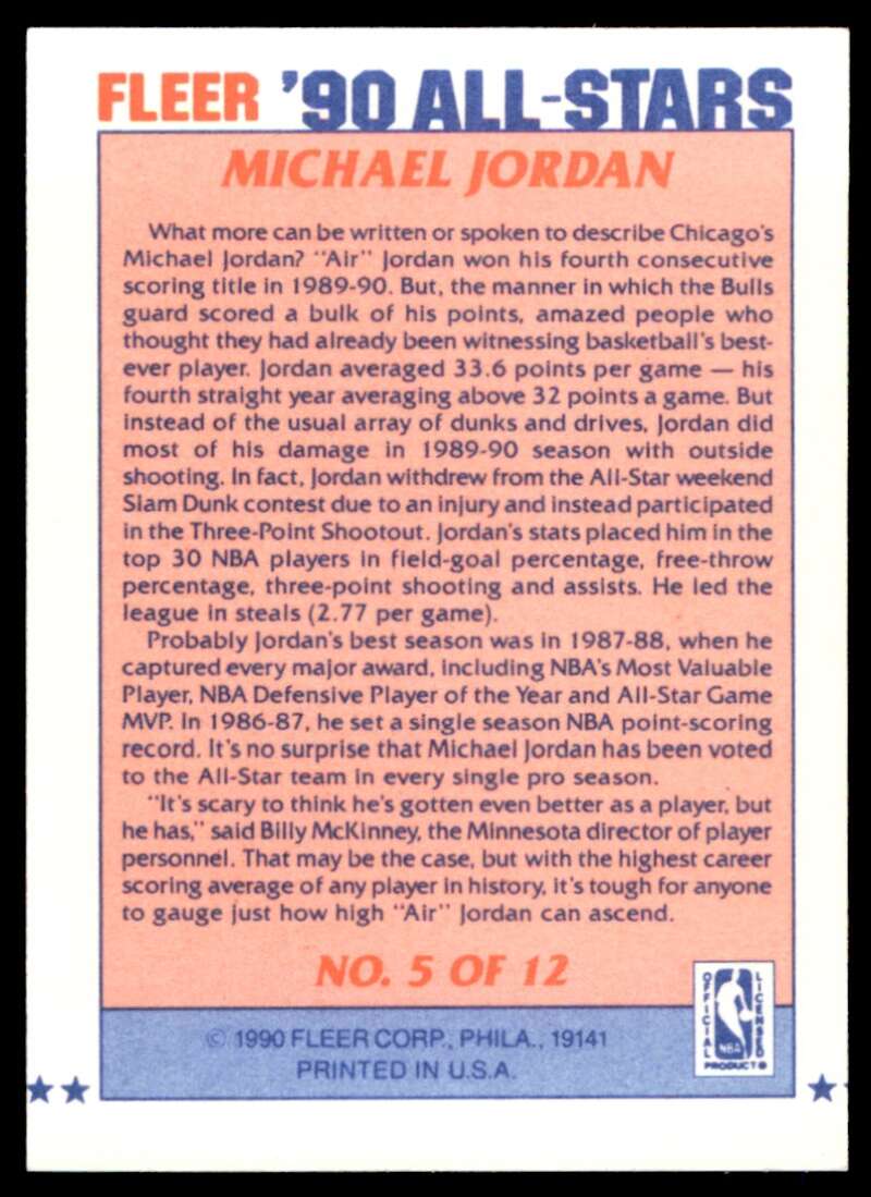 Michael Jordan Card 1990-91 Fleer All-Stars #5 Image 2