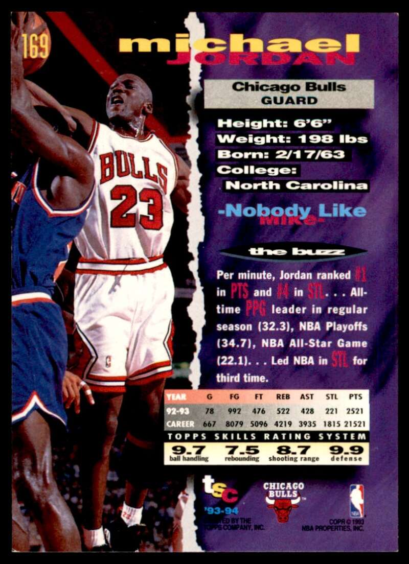 Michael Jordan Card 1993-94 Stadium Club #169 Image 2