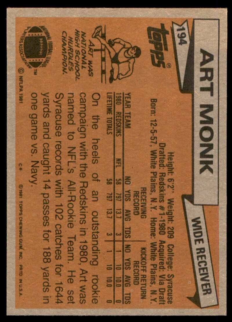 Art Monk Rookie Card 1981 Topps #194 Image 2