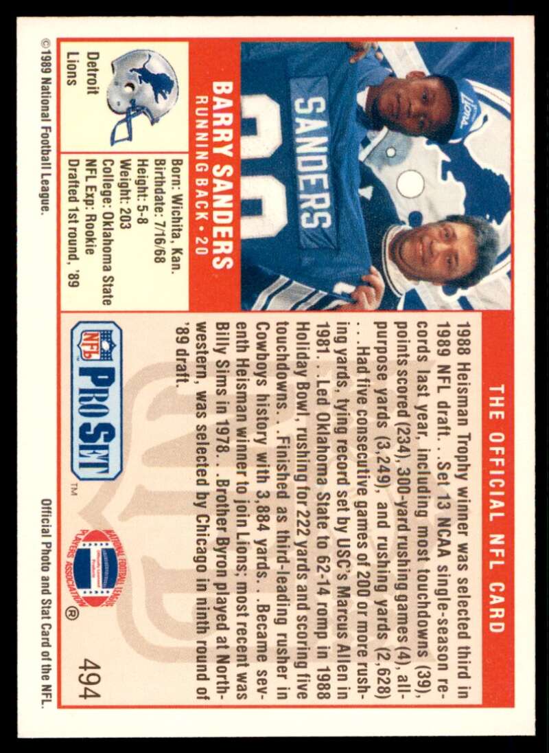 Barry Sanders Rookie Card 1989 Pro Set #494 Image 2