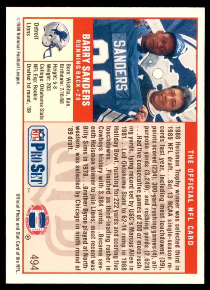 Barry Sanders Rookie Card 1989 Pro Set #494 Image 2