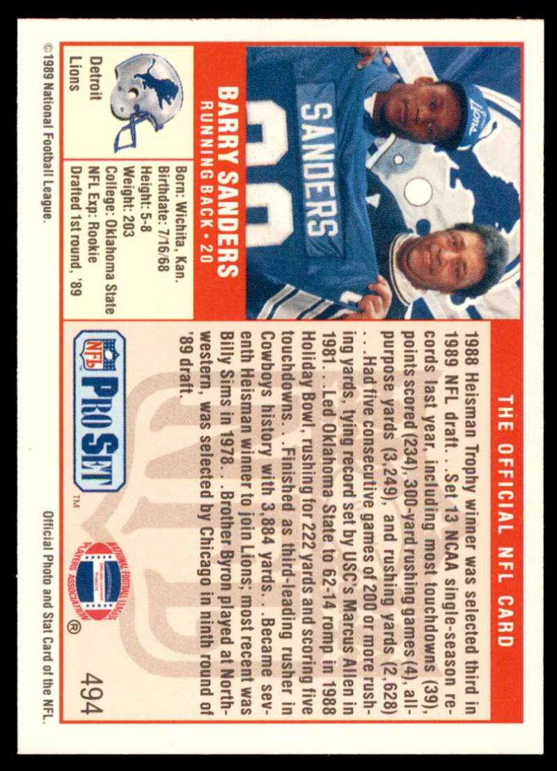 Barry Sanders Rookie Card 1989 Pro Set #494 Image 2