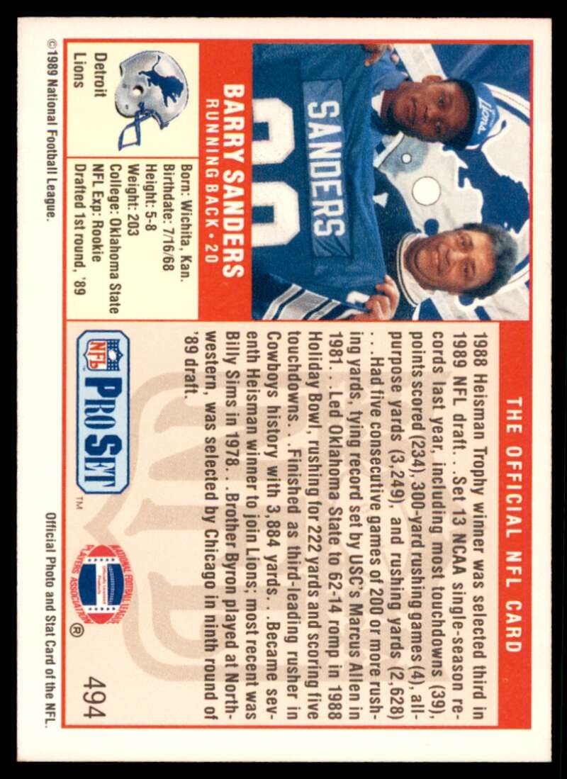 Barry Sanders Rookie Card 1989 Pro Set #494 Image 2