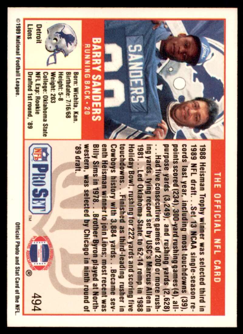 Barry Sanders Rookie Card 1989 Pro Set #494 Image 2