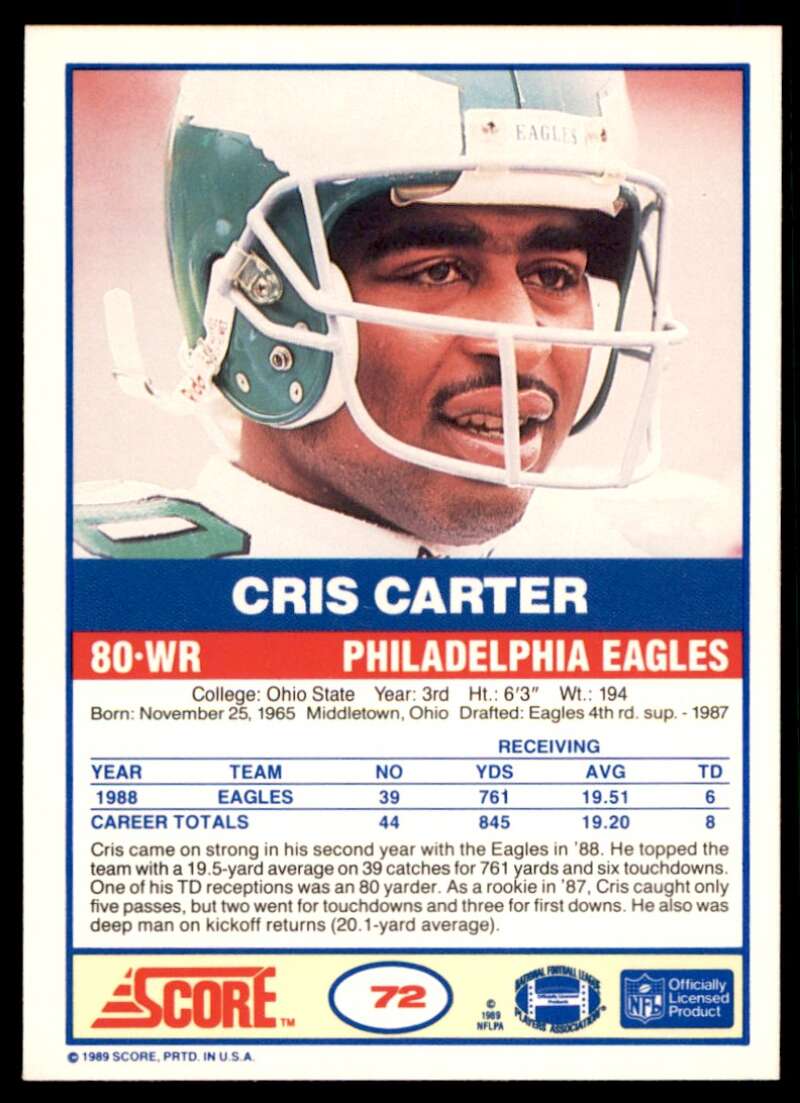 Cris Carter Rookie Card 1989 Score #72 Image 2