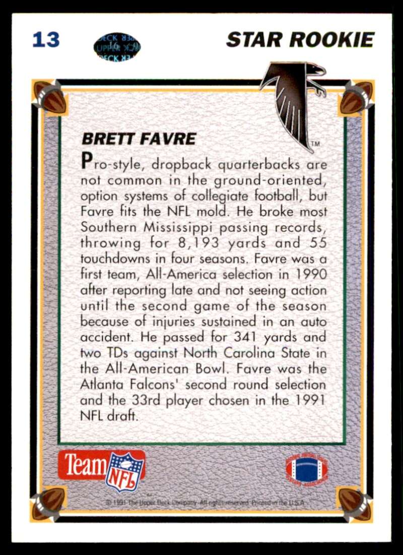 Brett Favre Rookie Card 1991 Upper Deck #13 Image 2