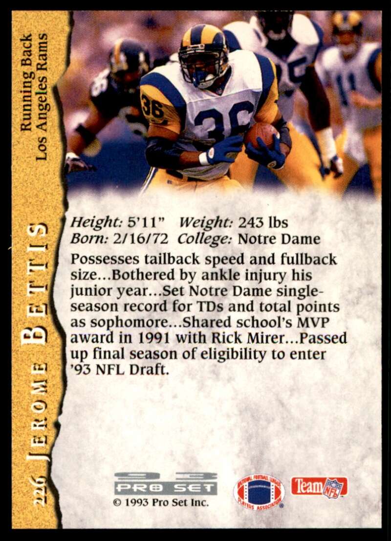 Jerome Bettis Rookie Card 1993 Pro Set #226 Image 2