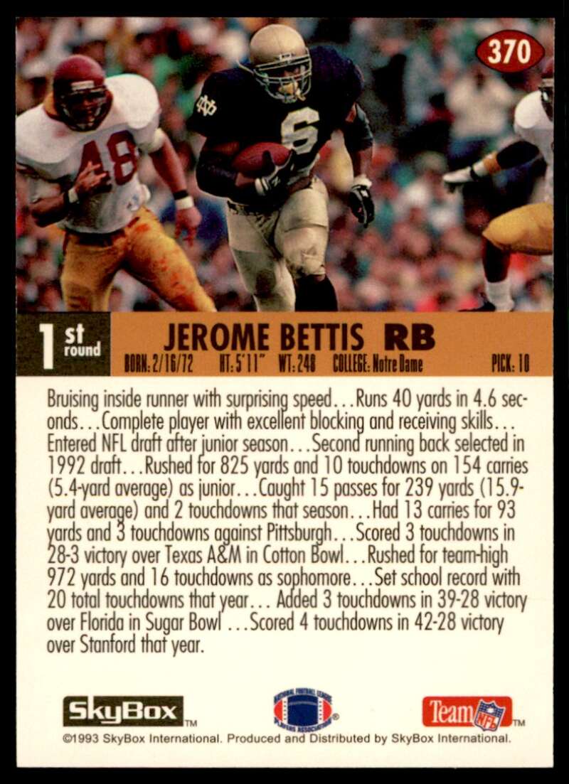 Jerome Bettis Rookie Card 1993 SkyBox Impact #370 Image 2